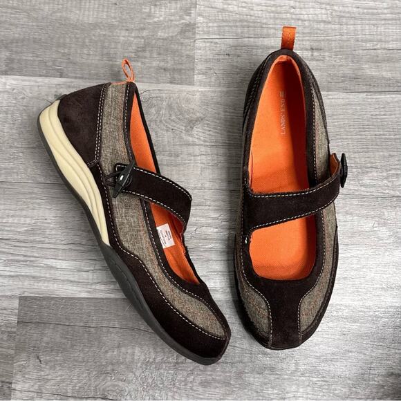 Mary Jane Sporty Flats Brown Suede Fabric Land End Size 7 1/2 - Picture 1 of 7